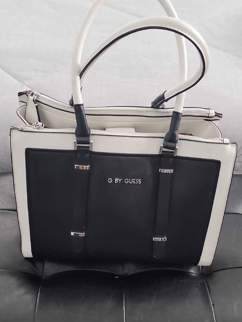 G by Guess Black and White Two-Tone Structured Satchel